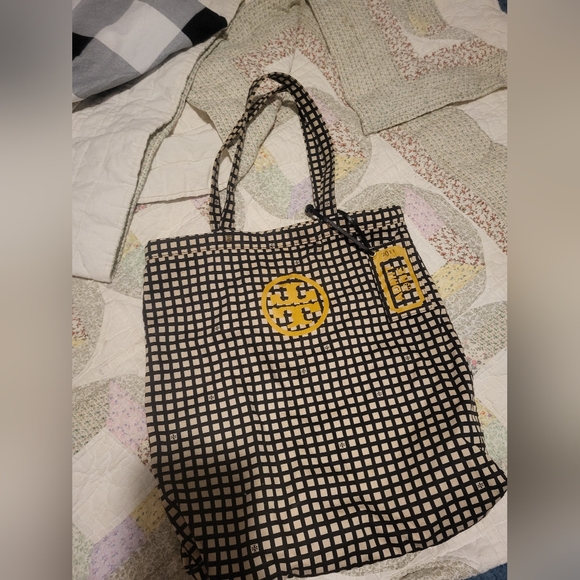 Tory Burch Handbags - Black and Cream Grid Tote with Yellow Logo Accent